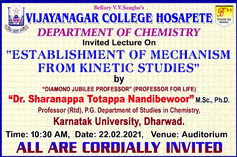 You are currently viewing Successfully Completion of Special invited Lecturer on “Establishment of Mechanism from kinetic Studies” Organized by Dept of Chemistry on 22 Feb 2021 at 10:30am at Auditorium